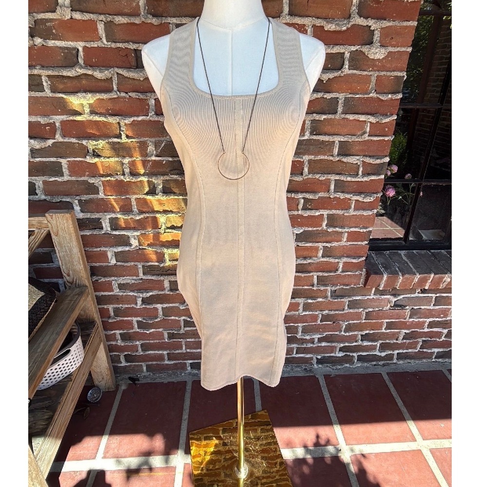 Sincerely Jules Tan Ribbed Knit Bodycon Mini Dress Sleeveless Scoop Neck Beige S